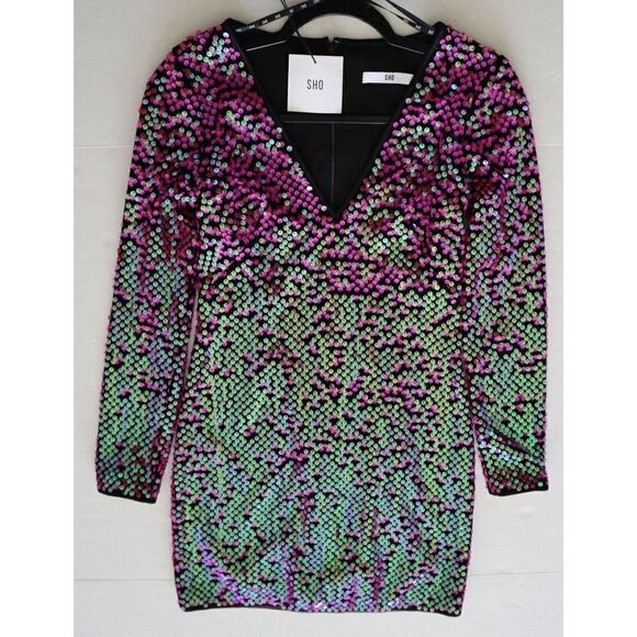 SHO x Tadashi Shoji Sz XXS Hot Pink Long Sleeve Paillette Body-Con Dress - Picture 6 of 16